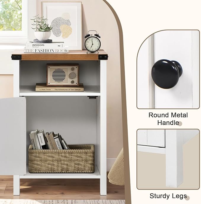 Catrimown Farmhouse End Table, Nightstand Set of 2, Rustic Night Stand with Barn Door and Storage Shelf, White End Table, Side Table for Bedroom Living Room, Cream White