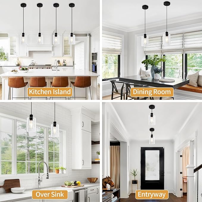 Glass Pendant Lights Kitchen Island 2 Pack, Black Kitchen Pendant Lighting Over Island, Hanging Light Fixtures Modern Pendant Lights for Hallway Entryway Bedroom Dining Room