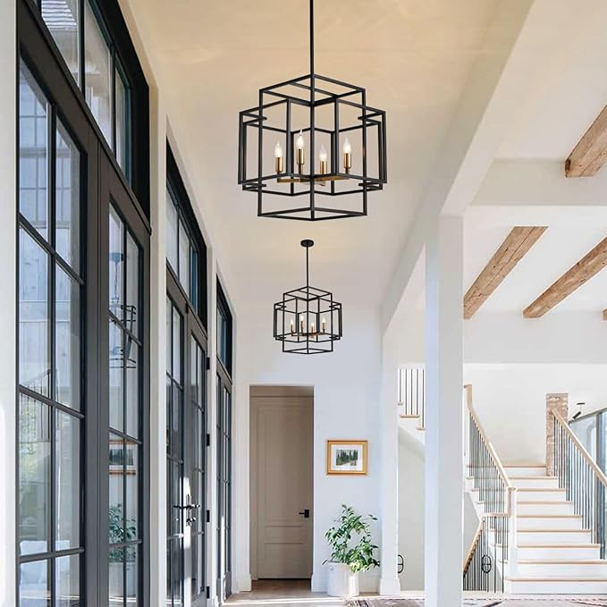 16.5" Farmhouse Chandelier, 4-Light Industrial Ceiling Pendant Light Fixture, Modern Foyer Lighting Fixtures, Dining Room Light Fixtures Over Table, Black and Gold Pendant Lights for Kitchen Island