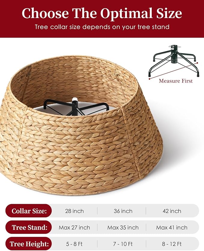 36in Large Christmas Tree Collar - Woven Hyacinth Tree Collars for Artificial Trees - Rattan Rustic Farmhouse Basket for Tree Base Cover with Cord Cut-Out for 7.5ft 9ft 10ft Tree (Natural)