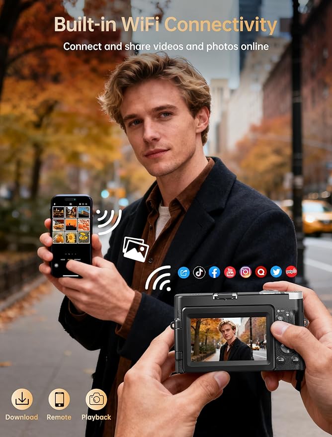 4K Digital Camera for Photography, 64MP Autofocus WiFi Vlogging Camera for YouTube with 3'' 180° Flip Screen,Travel Camera with SD Card, Point and Shoot Digital Camera 16X Zoom, UV Filter,2 Batteries