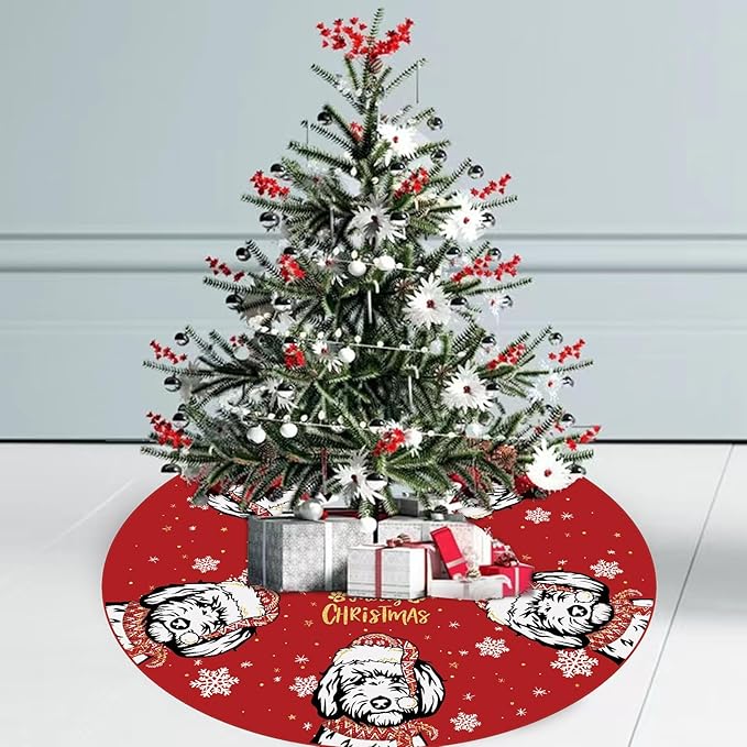 Christmas Tree Skirt Red Tree Skirt Golden Doodle Xmas Winter Tree Skirt 48 Inch for Dog Christmas Indoor Outdoor Decorations