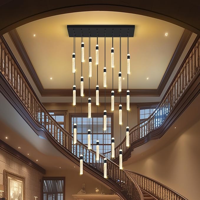 Glam Rectangular Crystal Column Chandelier for High Ceiling 24-Lights Black LED Dimmable Pendant Light for Kitchen Island Dining Room Entrance Foyer Living Room Adjustable Height