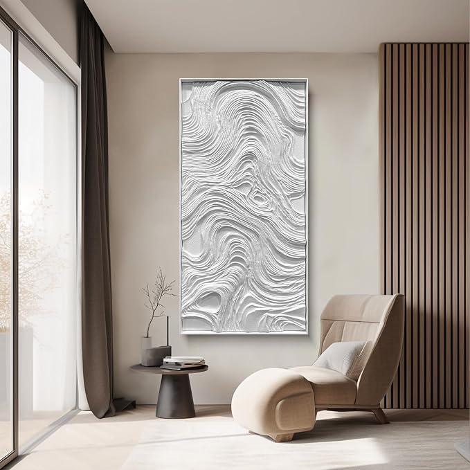 BrightA White wood abstract wave relief wall decoration piece, wooden horizontal wall art large sandstone handmade art piece, aesthetic embellishment for home gallery 23.6"x47.2"