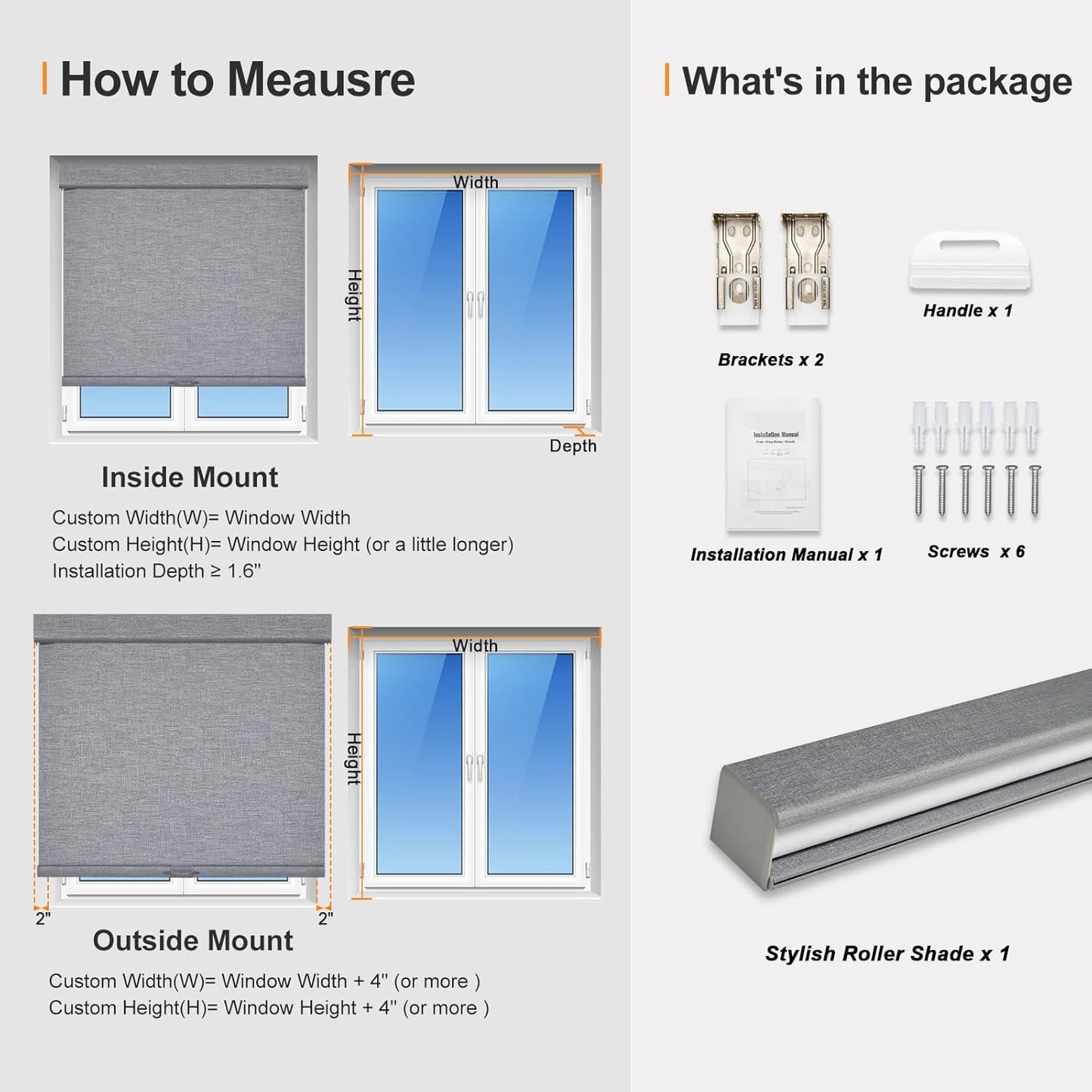 Persilux Blackout Roller Shades for Indoor Windows with Upgraded Cassette, Cordless Shades Window Blinds Pull Down for Doors, Easy to Install for Office/Living Room/Bedroom, Grey(23" W x 64" H)