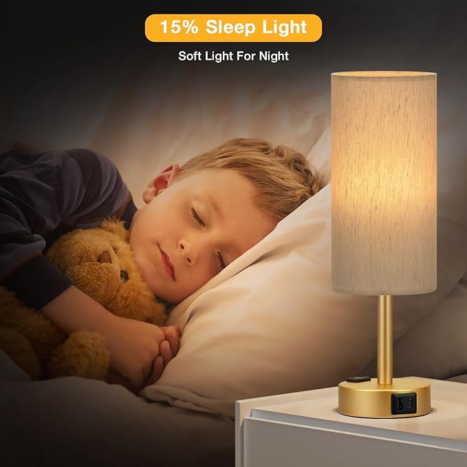 Gold Touch Table Lamps Set - 3 Way Dimmable Bedroom Lamps with USB C and A Ports, Small Lamps for Nightstand with AC Outlet, Gold Base Round Flaxen Shade for Desk, Office, Dorm, Nursery