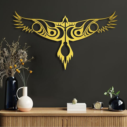 Metal Wall Decor-Metal Norse Raven Wall Decor, Nordic Raven Metal Viking Wall Art Decor, Odin’s Raven Metal Wall Sculpture, Metal Wall Art, Norse Mythology Metal Art, Wall Hangings (Gold, 52"x 29"| 134x76cm)