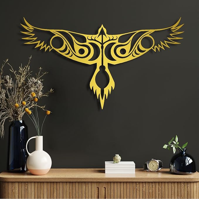 Metal Wall Decor-Metal Norse Raven Wall Decor, Nordic Raven Metal Viking Wall Art Decor, Odin’s Raven Metal Wall Sculpture, Metal Wall Art, Norse Mythology Metal Art, Wall Hangings (Gold, 69"x 39"| 176x100cm)