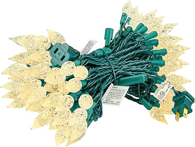 BOHON Christmas Lights Outdoor, Faceted C6 50ft 100 LED String Lights Plug in, Extendable Green Wire Christmas String Lights for Indoor Patio Xmas Tree Decoration (Warm White)