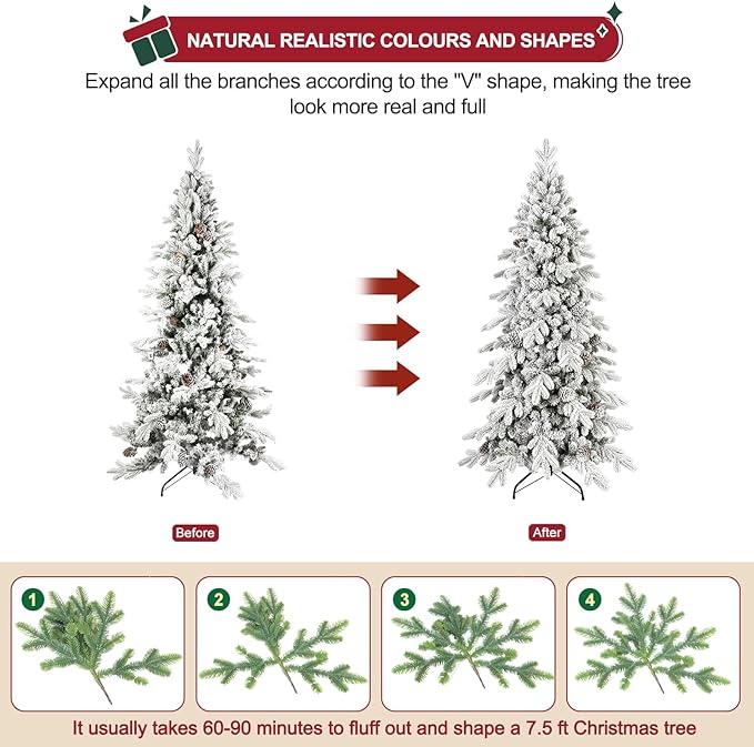 7.5 FT Snow Flocked Slim Fir Christmas Tree with 1424 PE & PVC Mixed Branch Tips,Unlit Artificial Skinny Pencil Xmas Tree with 40 Pine Cones,Hinged Premium Xmas Trees for Home,Office,Party Decoration