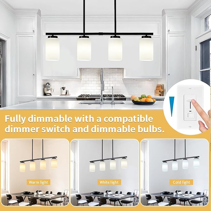 4-Light Modern Island Lights for Kitchen, Black Dining Room Light Fixtures Farmhouse Linear Chandeliers Over Table, White Frosted Glass Adjustable Hanging Light Kitchen Pendant Lighting Over Island