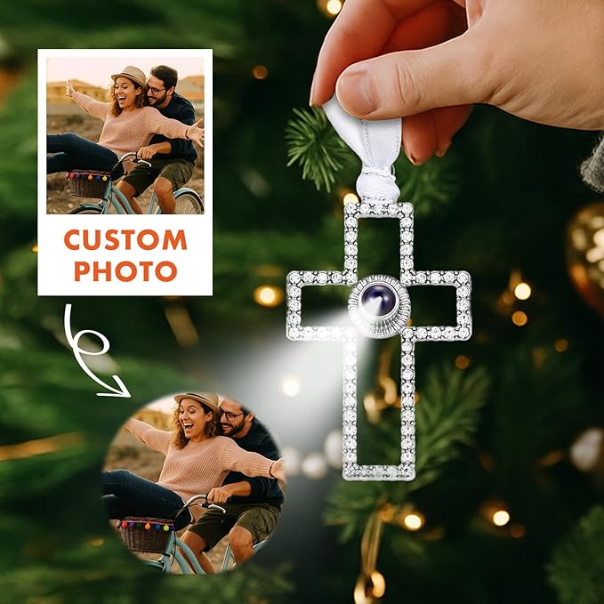 Custom Picture Ornaments, Personalized Christmas Ornaments with Photo Inside, Personalized Cross Ornament, Christmas Home Decor for Xmas Party, Memorial Christmas Ornament(Cross)