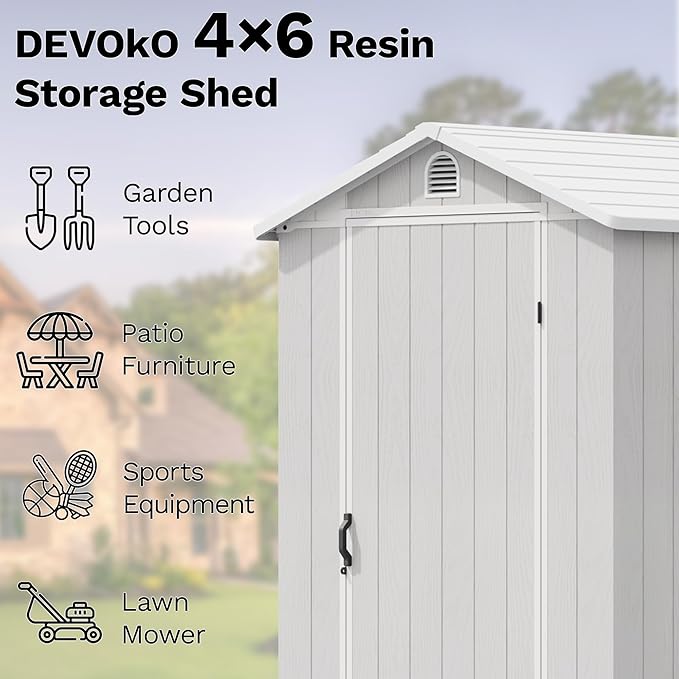 Devoko 4x6 FT Outdoor Storage Plastic Shed, Waterproof Resin Garden Shed with Lockable Door, Floor & Window, All-Weather Tool Shed for Backyard, Patio, Lawn, Poolside