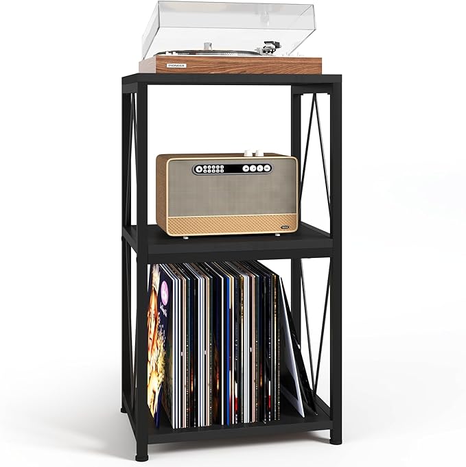 Y&M Record Player Stand, Turntable Stand with Vinyl Record Storage, 3-Tier Record Shelf Display Table for Album CD, Turntable Holder, End Table for Bedroom, Living Room, Office, Black