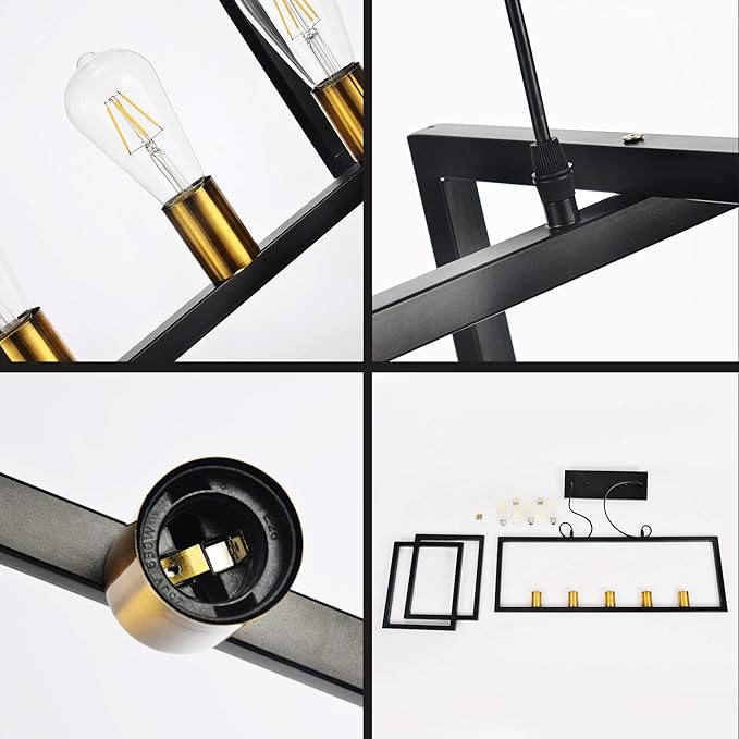 SomSom Modern Kitchen Island Light for Kitchen Pendant Chandelier 5-Light Ceiling Light Industrial Pendant Lighting Fixture Matte Black with Antique Brass Finish