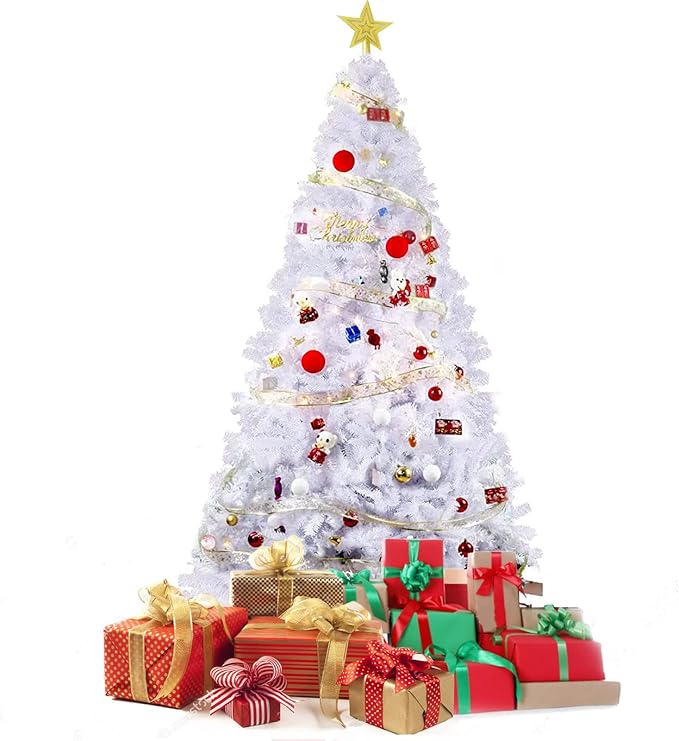 8FT Premium Spruce Artificial Holiday Christmas Tree for Home, Office, Party Decoration 1500 Branch Tips, Easy Assembly, Metal Hinges & Foldable Base White