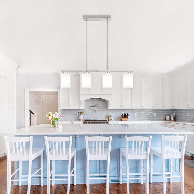 4-Light Kitchen Island Lighting, Brushed Nickel Dining Room Light Fixtures Over Table, Modern Farmhouse Chandeliers with Milky Glass Shade Pendant Light for Dining Room Kitchen Island