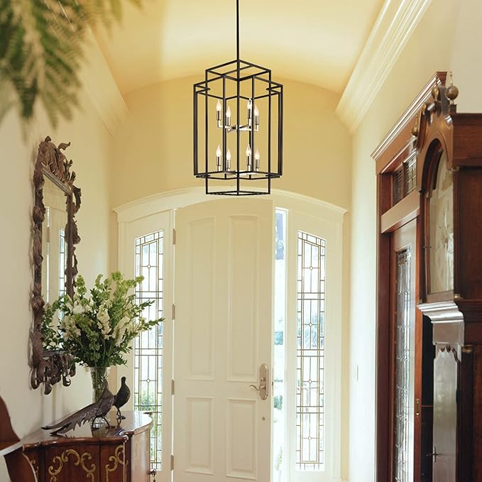31.5" Farmhouse Chandelier, 8-Light Lantern Pendant Light Fixture, Modern Foyer Lighting Fixtures, Large Chandeliers for High Ceilings, Black and Brushed Nickel Pendant Lights for Staircase, Entryway
