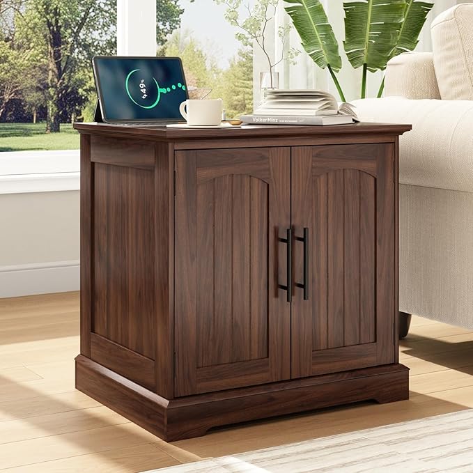 Rustic End Table with Charging Station, 24" Large Sofa Side Table with 2 Arched Doors, Farmhouse Wood Square Nightstand Bedside Tables with Adjustable Storage Shelf for Living Room, Bedroom