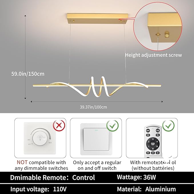 Modern LED Pendant Light, 39.37in Gold Chandelier Dimmable,3000K-6000K Adjustable Color Temperature, Aluminum Modern Kitchen Light Fixture for Dining Room