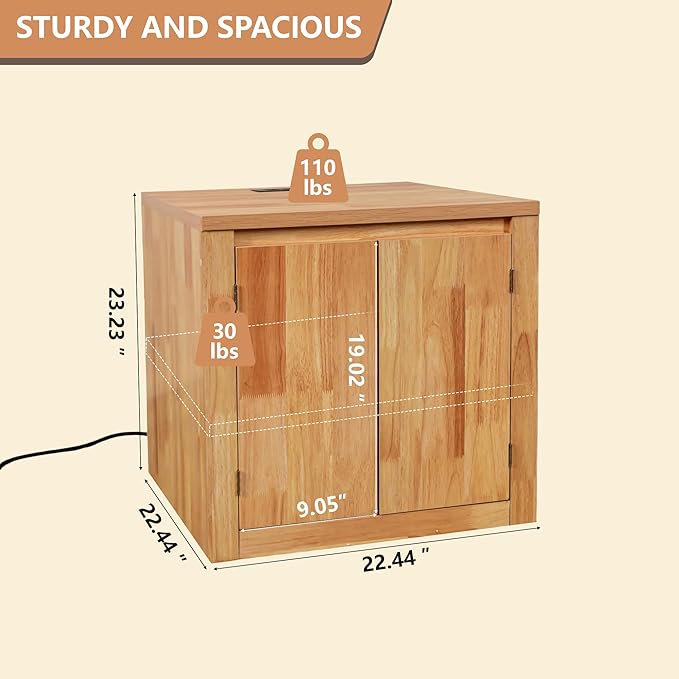 MINCETA End Table Set of 2, Modern Bedside Table with Charging Station and USB Ports, Rustic Wood Square Nightstand with Door for Living Room, Bedroom, Natural Oak