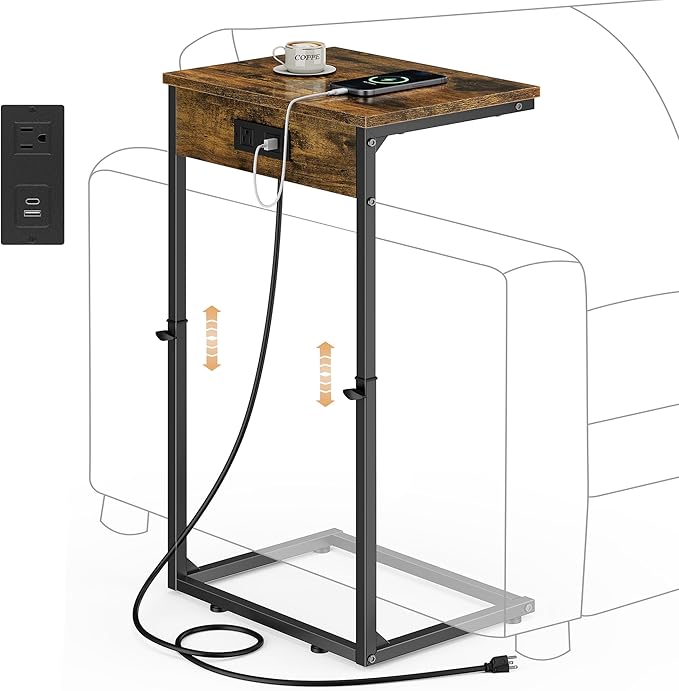 Vagusicc C Shaped End Table with Charging Station, Adjustable Height Side Table for Couch, Small Side Table, 33.2'' Tall Couch Tables That Slide Under, Tv Tray End Table for Living Room, Rustic Brown