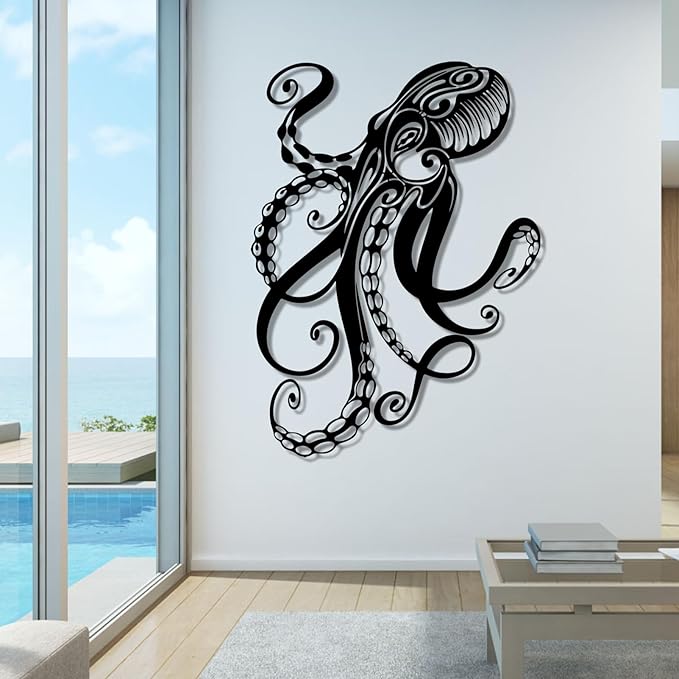 Octopus Metal Wall Art, Octopus Wall Decor, Sealife Wall Decoration, Ocean Wall Hanging, Marine Biology Decor, Metal Wall Art for Living Room, Bathroom (Silver, 24"x17" | 60x44cm, metal wall art)
