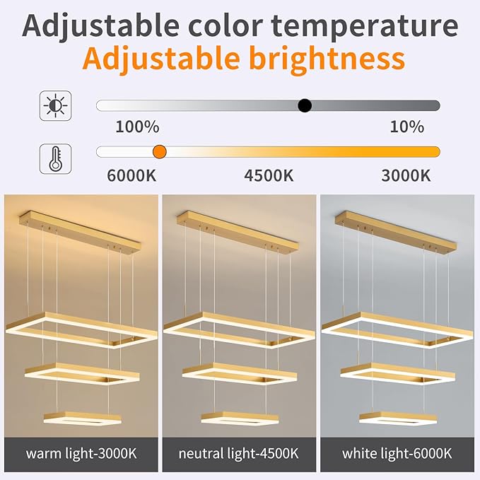 Modern Chandeliers for Living Dining Room, 3-Ring Rectangular LED Chandelier Light Fixture with Remote Control Dimming, Hanging Pendant Light with Adjustable Height, Gold