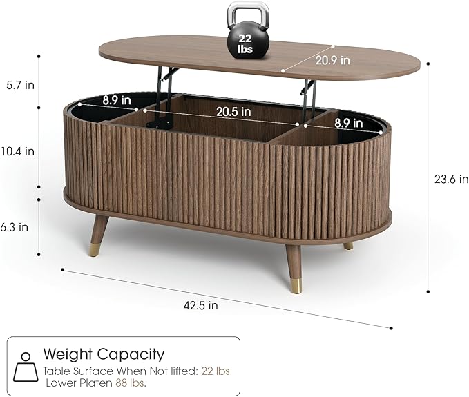 Oval Coffee Table with Storage,42.5” Mid Century Modern Coffee Table with Lifting Top,Fluted Center Tables for Living Room,Home Office,Walnut