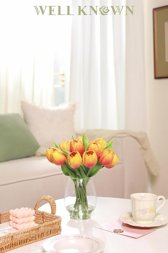 WELL KNOWN 12 Pcs Tulips Artificial Flowers in Vase, Real Touch Tulips with Vase with Upgrate Acrylic Water Flower Arrangements Centerpiece for Dining Room Table Decoration（Orange）