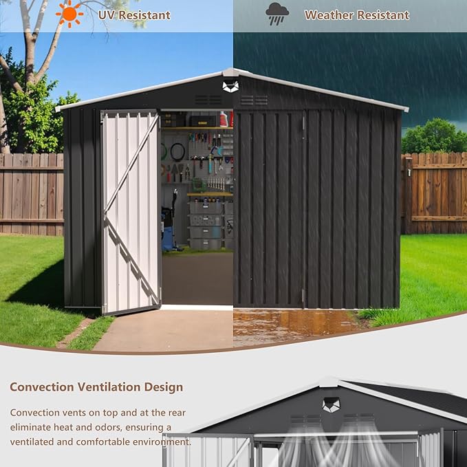 10x12 FT Outdoor Storage Shed, Metal Sheds & Outdoor Storage, Waterproof Sheds with Lockable Doors for Backyard (Black, Lighting Window)