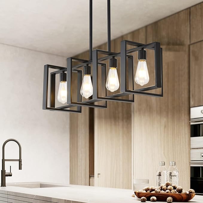 Farmhouse Rectangle Chandeliers for Dining Rooms, 31.5 INCH Modern Linear Hanging Light Fixture Matte Black 4-Light Industrial Pendant Lighting for Kitchen Island
