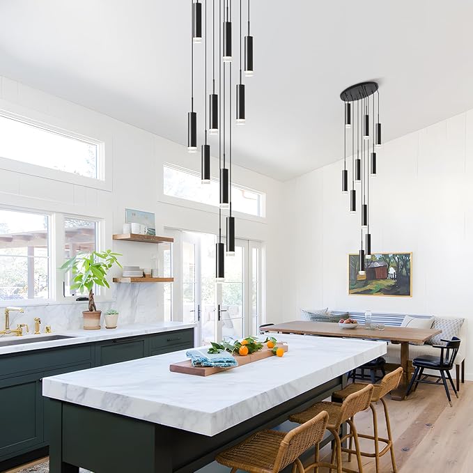 KCO Lighting Matte Black Pendant Lighting Long Tube Pendant Light Cluster Pendant Light Chandelier Modern Farmhouse Hanging Lights for Kitchen Dining Room Stairway