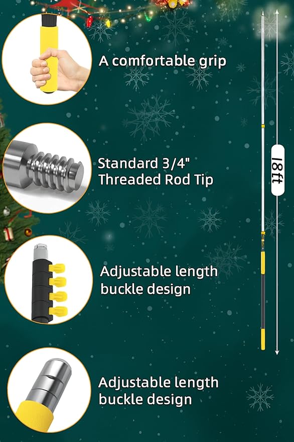 18FT Extension Pole with Utility Hook, Christmas Light Hanger Tool Attachment Screw On Pole Attachment Fits on 3/4 inch Acme Thread for Multi-Purpose Light Installation, String Lights, Birdfeeder