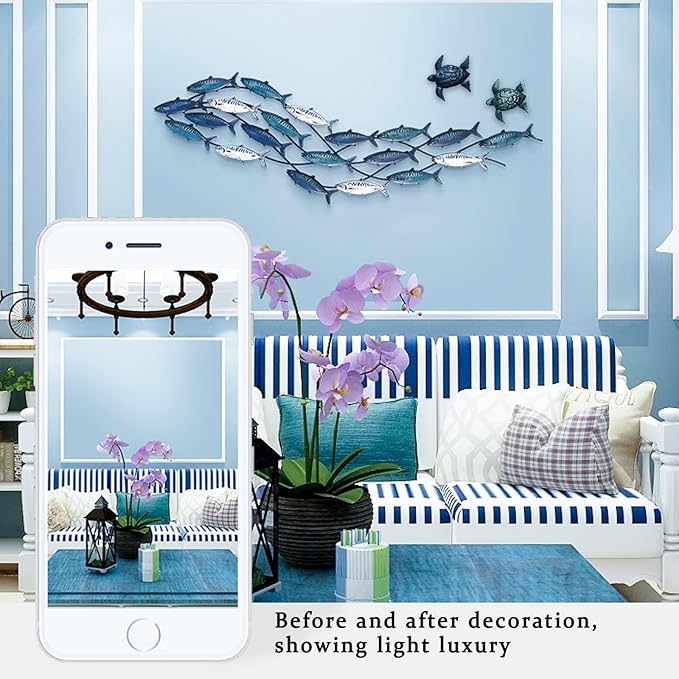 LHZZWTF Coastal Metal Fish Wall Decor,Modern Marine Metal Wall Art Sculpture Decor is perfect for a coastal/nautical/beach or ocean themed holiday home/bedroom/living room. （ Send two metal turtles）