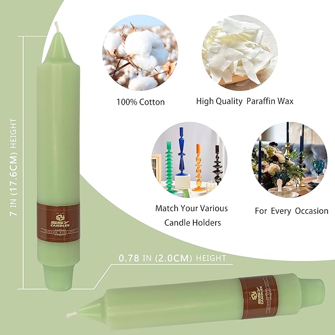 7 Inch Short Taper Candles Handmade Unscented Set of 4 Smokeless Candlesticks Tapered Candle for Wedding Spring Home Decoration(Light Green)