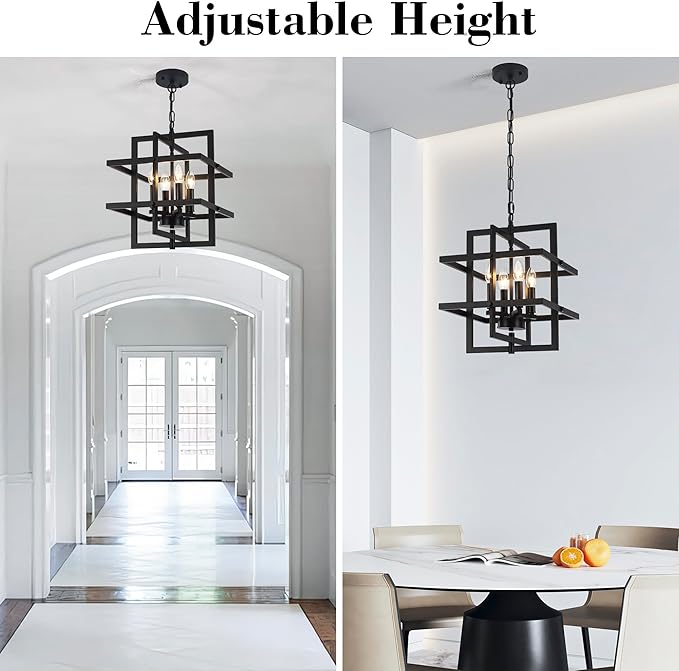 Modern Black Chandelier Rectangle Industrial Chandeliers Dining Room Hanging Pendant Light Fixtures for Kitchen Island Living Room Bedroom Foyer Height Adjustable