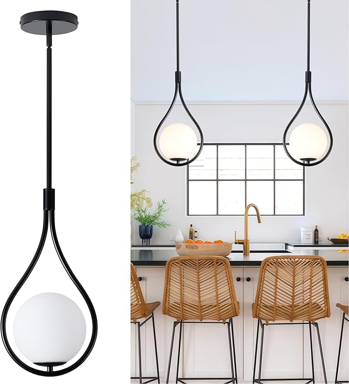 Black Pendant Lights Kitchen Island, 1-Light Pendant Lights with Milky White Globe Glass, Modern Pendant Light Fixtures, Black Hanging Lamp for Kitchen Island H9377 MGBK