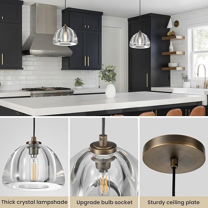 Crystal Pendant Light Kitchen Island: Set of 2 Vintage Brass Hanging Lights above Dining Table - 7" K9 Crystals Lighting over Kitchen Sink - Luxury Cylinder Pendants Light Fixtures Bulbs Included