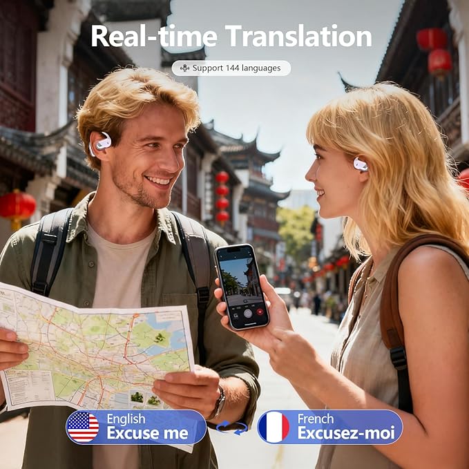 AI Translation Earbuds Real Time 144 Language Translator Earbuds, Audifonos Traductores Inglés Español, 3-in-1 Translating Device, Translate Ear Buds for Travel Business Learning with Charging Case