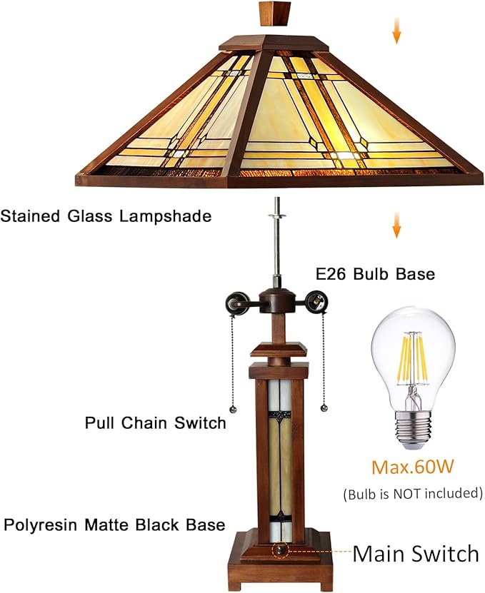 Capulina Tiffany Lamp Stained Glass Table Lamp with Night Light 3-Light 15X15x26 Inches Cream Antique Wooden Base Tiffany Style Desk Lamp for Living Room Bedroom Home Office
