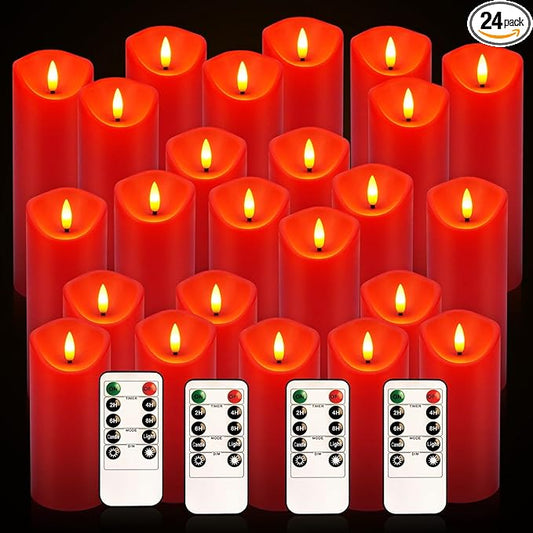24-Pack Red Flameless LED Candles with Remote - Realistic Flickering Battery - Operated Pillar Candles for Christmas, Home Decor, Weddings, Parties.