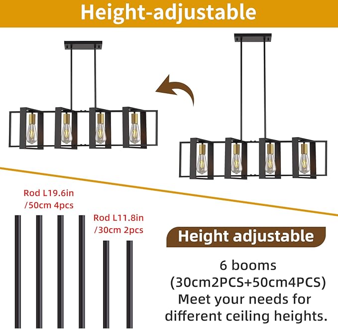 4-Light Black Rectangular Farmhouse Chandelier, 31.4inch Kitchen Island Pendant Light, Industrial Metal Linear Hanging Lighting Fixture for Dining Room, Living Room, Over Table, Foyer, Bar