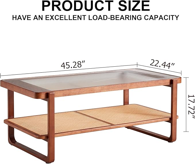 Rattan Coffee Table,Rustic Style Wooden Coffee Table,Rectangular Wood Living Table for Living Room,Glass Top Center Table with Imitation Rattan Storage Shelf