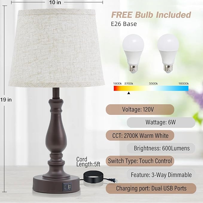 Table Lamps for Bedrooms Set of 2 - Touch Bedside Lamps with USB C+A Ports - Dimmable Nightstand Lamps for End Tables Farmhouse Night Stand Lamps for Living Room Bed Side Guest Room