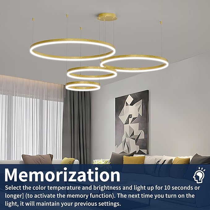 Modern LED Chandelier Light, 4 Ring Gold Pendant Lighting Fixture, Adjustable Hanging Ceiling Lamp for Dining Room, Kitchen Island, Entryway, Living Room, Dimmable Dining Light Over Table