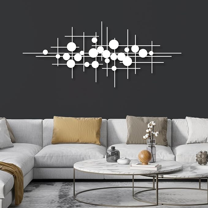 Geometric Metal Wall Art, Mid Century Modern Metal Wall Art, Abstract Metal Wall Art, Abstract Metal Irregular Wall Sculpture, Line Art Wall Decor, Geometric Wall Art, Modern Living Room Wall Décor (White, 24"x 9"| 62x25cm )