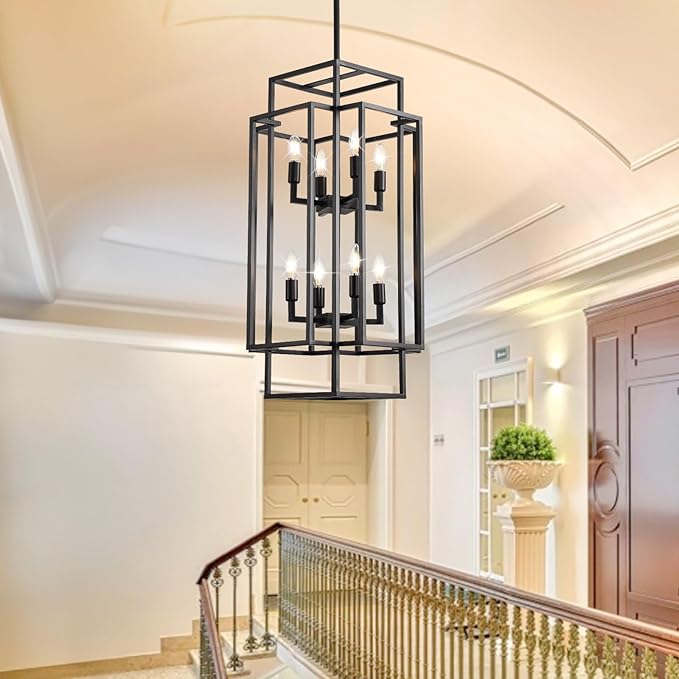WJShome Modern Black Chandelier, 31.5" Large Chandeliers for High Ceilings, 8-Light Tiered Lantern Pendant Light, Farmhouse Foyer Lighting Fixtures, for Living Room, Staircase, Entryway