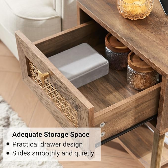 Mid Century Modern End Table for Living Room, Rustic Oak Small Side Tables with Charging Station, Outlets and USB Ports, Wood Nightstand with Storage Drawer and Open Shelf