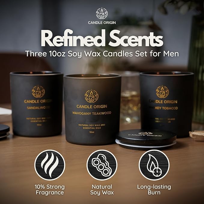 Mens Luxury Candles Christmas Gift Set – 3×10oz Masculine Scented Soy Wax Aromatherapy Candles – Sandalwood, Whiskey Tobacco, Mahogany Teakwood – Long Lasting, Non Toxic, Home, Office, Man Cave Decor